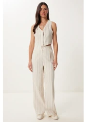 Happiness İstanbul Women's Cream Black Striped Linen Vest Pants Suit Bv00129