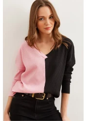 Olalook Women's Pink Black Color Block Soft Textured Blouse Blz- 19002780