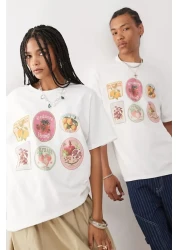 The Champ Clothing تي شيرت أبيض كبير الحجم للجنسين مصنوع من القطن بنسبة 100% مع ملصق الفاكهة، طراز عتيق معاد تدويره