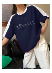 CLAYES تي شيرت Leisure Future Single Jersey - أزرق داكن وأبيض، رقبة دائرية كبيرة الحجم، كم قصير