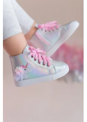 First Step Unicorn Embroidered Furry Pink Lace Detailed Zippered Silver Girl's Sneaker Sports Shoes-s-1003