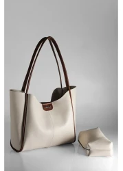 DENSİLA Cream-Tan Colored Women's Large Size Hand and Shoulder Bag with Makeup Bag