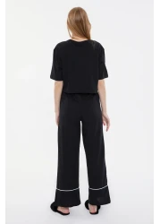  Collection Black Cotton Leisure Printed Piping Detail Knitted Pajamas Set Thmss21Pt0953