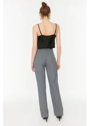  Collection Gray Straight Cut High Waist Ribbed Stitched Woven Trousers TWOSS21PL0093
