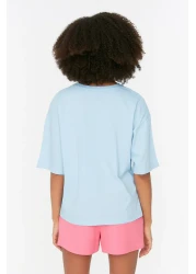  Collection Light Blue 100% Cotton Printed Relaxed/Wide Relaxed Cut Crew Neck Knitted T-Shirt TWOSS22TS1145