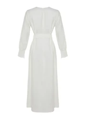  Modest Linen Texture - Zip and Belted White Dress Tctss23Eb00219