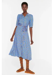  Collection Blue Floral Pattern Belted Midi Woven Viscose Shirt Dress TWOSS20EL1559
