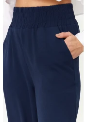  Collection Navy Blue Wide Leg / Wide Ankle Waist Elastic Woven Trousers TWOSS22PL00024
