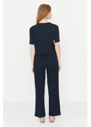  Collection Corduroy Pajama SeT - Navy Blue, Slogan PrinTed T-shirt and Trousers THMSS21PT1016