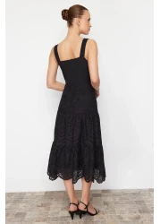  Collection Black Waist Opening Lined Midi Embroidery Woven Dress TWOSS23EL00156