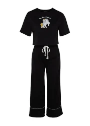  Collection Black Cotton Leisure Printed Piping Detail Knitted Pajamas Set Thmss21Pt0953