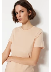  Collection تي شيرت محبوك أساسي برقبة دائرية مكون من قطعتين من القطن بنسبة 100% باللون البني والبيج TWOSS20TS0141