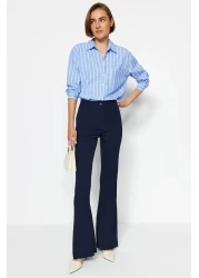  Collection بنطلون قماش منسوج بأرجل واسعة باللون الأزرق الداكن TOFAW19BB0581