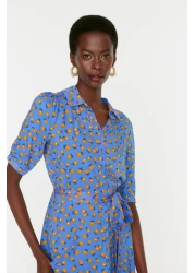  Collection Blue Floral Pattern Belted Midi Woven Viscose Shirt Dress TWOSS20EL1559