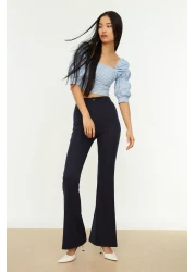  Collection بنطلون قماش منسوج بأرجل واسعة باللون الأزرق الداكن TOFAW19BB0581