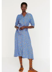  Collection Blue Floral Pattern Belted Midi Woven Viscose Shirt Dress TWOSS20EL1559