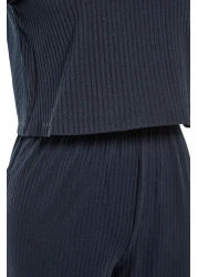  Collection Corduroy Pajama SeT - Navy Blue, Slogan PrinTed T-shirt and Trousers THMSS21PT1016