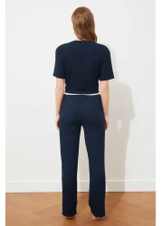  Collection Corduroy Pajama SeT - Navy Blue, Slogan PrinTed T-shirt and Trousers THMSS21PT1016