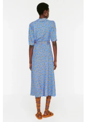 Collection Blue Floral Pattern Belted Midi Woven Viscose Shirt Dress TWOSS20EL1559