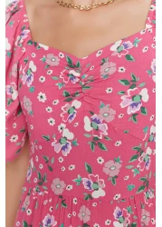  Collection فستان منسوج متوسط الطول بطبعة زهور وأكمام بالون وردي على شكل حرف A TWOSS20EL2323