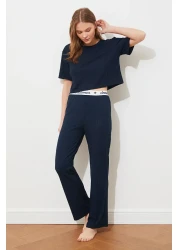  Collection Corduroy Pajama SeT - Navy Blue, Slogan PrinTed T-shirt and Trousers THMSS21PT1016