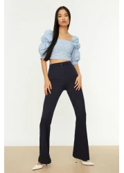  Collection بنطلون قماش منسوج بأرجل واسعة باللون الأزرق الداكن TOFAW19BB0581