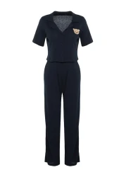  Collection Navy Blue Teddy Bear Ribbed Knitted Pajamas Set Thmss21Pt0168