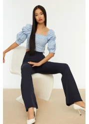  Collection بنطلون قماش منسوج بأرجل واسعة باللون الأزرق الداكن TOFAW19BB0581