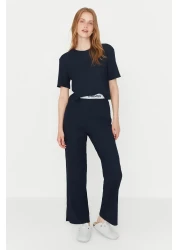  Collection Corduroy Pajama SeT - Navy Blue, Slogan PrinTed T-shirt and Trousers THMSS21PT1016