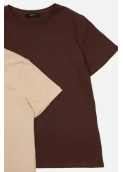  Collection تي شيرت محبوك أساسي برقبة دائرية مكون من قطعتين من القطن بنسبة 100% باللون البني والبيج TWOSS20TS0141