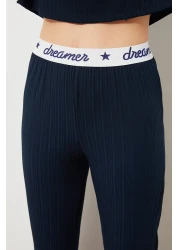  Collection Corduroy Pajama SeT - Navy Blue, Slogan PrinTed T-shirt and Trousers THMSS21PT1016