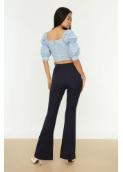  Collection بنطلون قماش منسوج بأرجل واسعة باللون الأزرق الداكن TOFAW19BB0581