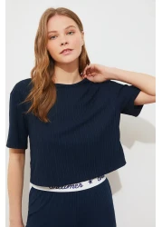  Collection Corduroy Pajama SeT - Navy Blue, Slogan PrinTed T-shirt and Trousers THMSS21PT1016