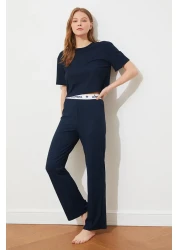  Collection Corduroy Pajama SeT - Navy Blue, Slogan PrinTed T-shirt and Trousers THMSS21PT1016