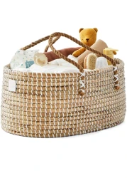 BEBE BASK Baby Diaper Caddy Organizer Handmade Organic Seagrass Luxury Diaper Caddy Basket Cute Diaper Caddy for Baby Girl Diaper Caddy for Baby Boy White Natural