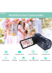 COOPIC V1000 3&rsquo;&rsquo; TFT, Anti-Shake, 270&deg; Screen Rotation, Full HD 1080P Digital Video Camera 30MP Photo, 16X Zoom, Night Vision, Compatible with Windows XP/7/8/10 for Photography and Videography