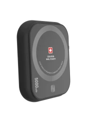 سويس ميليتري بنك طاقة محمول لاسلكي مغناطيسي باللون الأسود بقوة 5000 مللي أمبير في الساعة وقوة 20 وات