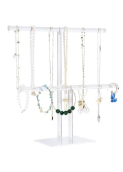Jewelry Stand Necklace Holder Acrylic Jewelry Display Holder Necklace and Bracelet Hanging Organizer Clear 2Tier Tower Stand for Bangles Necklaces Bracelets Rings Earrings and Watch