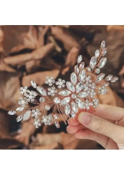 Unsutuo Crystal Bride Wedding Hair Comb Silver Rhinestone Flower Bridal Hair Pieces Pearl Wedding Hair Accessories for Women and Girls Rose Gold