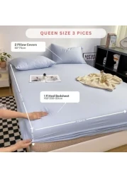 LUNAHOME-3 Pieces Fitted Bedsheet Set, Washable Cotton, Light Blue Color, Queen Size.
