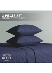 Klub Linen 3PC Striped Fitted Sheet Set, Ultra Soft Microfiber Bedding Set - 1 Fitted Sheet Queen (150x200cm) with Deep Pocket and 2 Pillowcases (50 x 75 cm), Navy