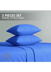 Klub Linen 3PC Striped Fitted Sheet Set, Ultra Soft Microfiber Bedding Set - 1 Fitted Sheet Single (90x190cm) with Deep Pocket and 2 Pillowcases (50 x 75 cm), Royal Blue