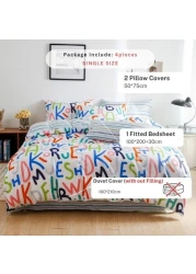 Luna Home-Single Size 4 Pieces Reversible Alphabet Design Stripped Bedsheet and Rainbow Colors Duvet Cover without filler.