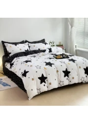 Single Size 4 Pieces Set, Reversible Duvet Cover Set, Blue Stars Design With Navy Blue Bedsheet Color