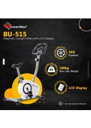 PowerMax Fitness BU-515-AL502 Steel Magnetic Exercise Upright Bike, Grey, White, Max user weight 100KG