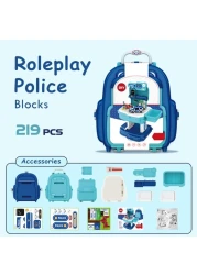 Little Story ROLE PLAY POLICE STATION WITH POLICE CAR AND BLOCK TOY SET SCHOOL BAG (219 Pcs) - Blue, 2-IN-1 Mode