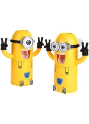 Cartoon Little Yellow Man Toothbrush Holder Set with Automatic Toothpaste Dispenser Fun &amp; Practical Bathroom Organizer for Kids Hands-Free Toothpaste Squeezer