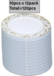7.5'' White &amp; Gold Disposable Plastic Plates &ndash; 24g, Sturdy &amp; Elegant &ndash; Pack of 120 plates