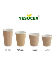 YESOCEA [50 Set] 12 oz. Kraft Disposable Coffee Cups With Lids - Triple Wall Ripple Brown Hot Paper Cups for Tea, Drinks To-Go