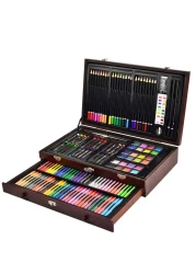 Sunnyglade 145 Piece Deluxe Art Set Wooden Box Drawing Kit with Crayons Oil Pastels Colored Pencils Watercolor Cakes Sketch Pencils Paint Brush Sharpener Eraser Color Chart Cherry